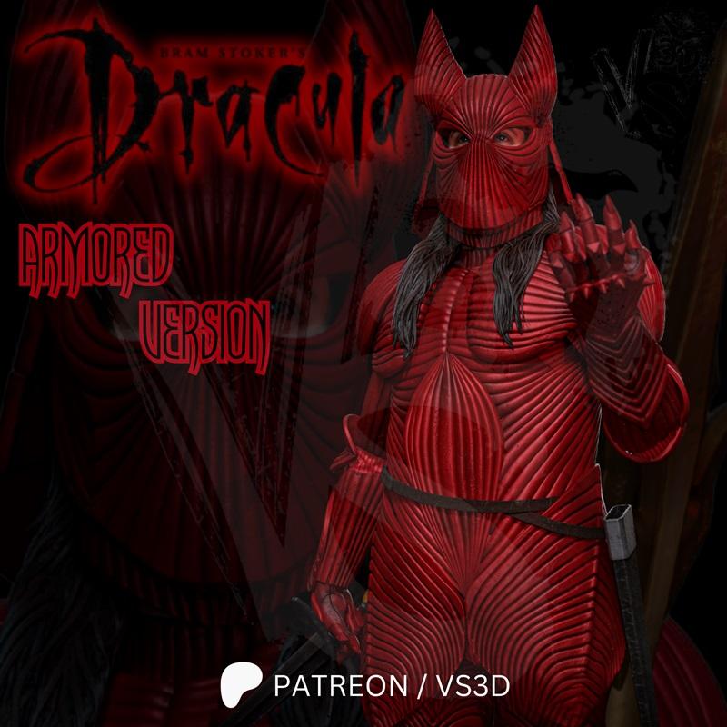 VS3D Dracula Armored 3D print model STL. Figure in red segmented armor with bat-like helmet and clawed hands.