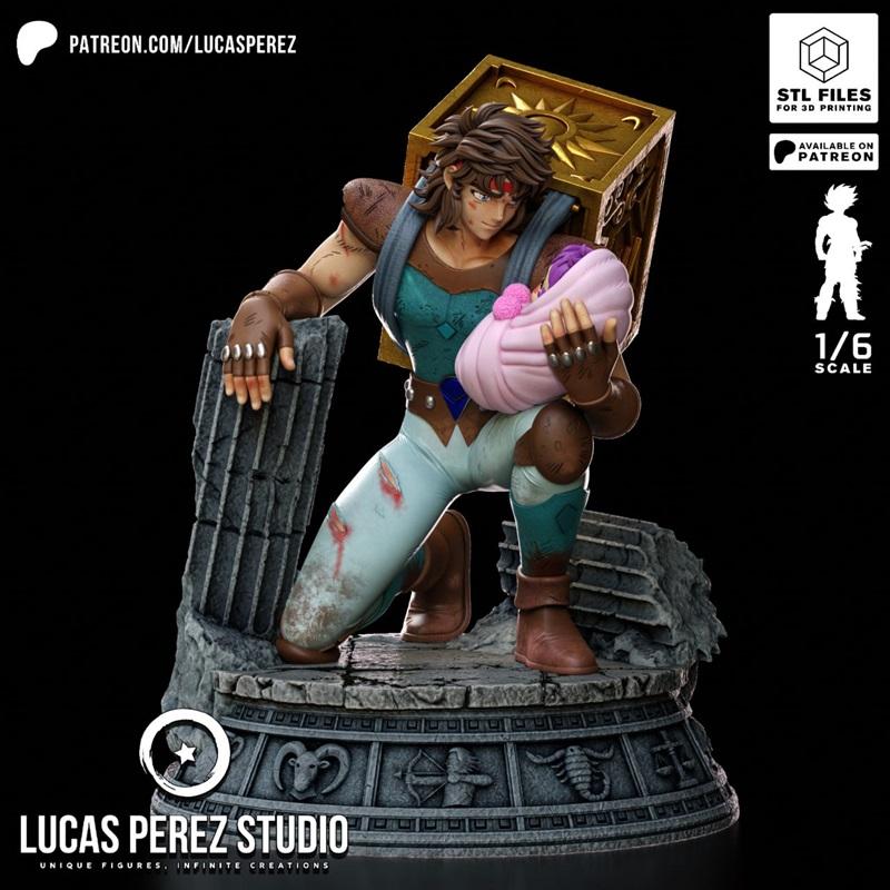 1:6 scale 3D print model of Aioros of Sagittarius from Saint Seiya, kneeling and holding a baby, with detailed armor...