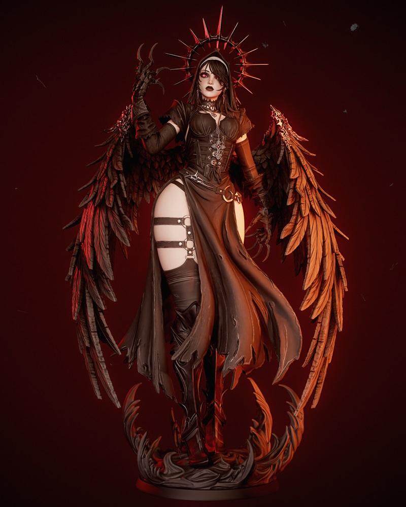 Corrupted Nun 3D model by CA 3D Studios, featuring black feathered wings, a spiky halo, corset, tattered skirt, and t...