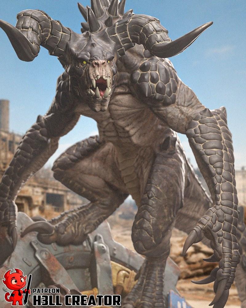 A fearsome Deathclaw creature with large horns, sharp claws, and reptilian skin, crouched on debris. The model is hig...