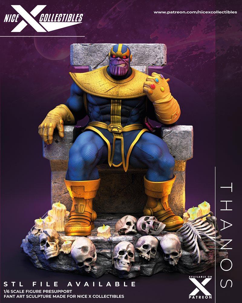 Thanos figure in classic blue and gold armor, seated on a stone throne, wearing the Infinity Gauntlet. Base features...