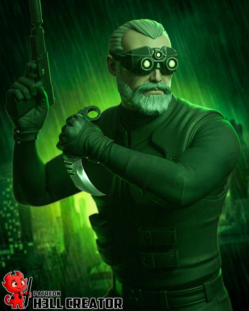 Sam Fisher from Splinter Cell, wearing night vision goggles and tactical gear, holding a karambit knife and a silence...