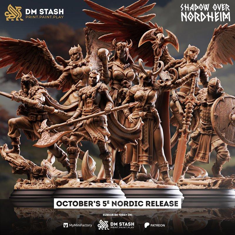 Collection of fantasy 3D printable figures from DM Stash, featuring winged female warriors and armored figures in Nor...