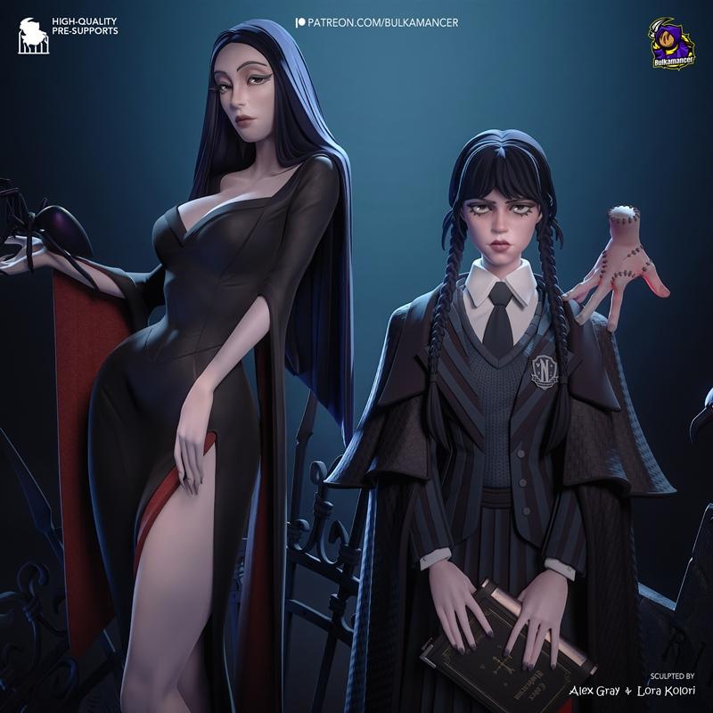 3D model of Morticia and Wednesday Addams from The Addams Family, sculpted by Bulkamancer Sculpts. Morticia wears a b...