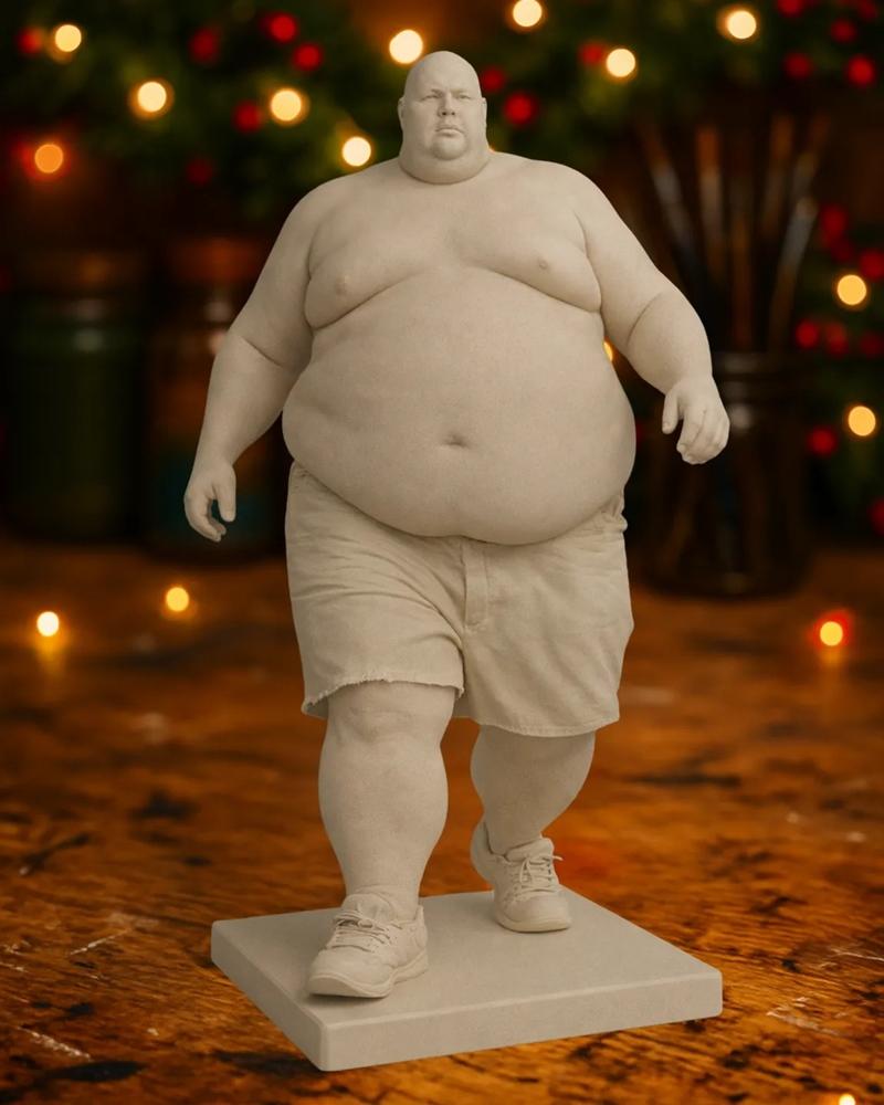 Realistic 3D model of a bald, overweight man walking, wearing shorts and sneakers, presented on a square base.