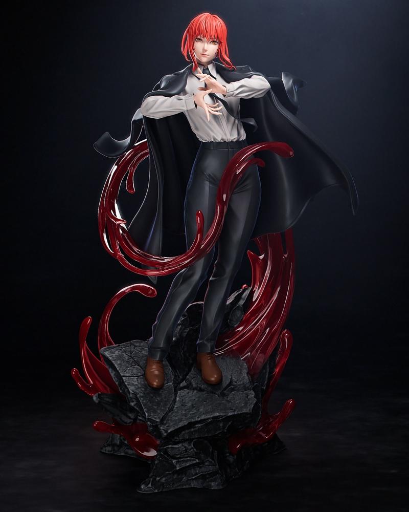 Makima figure from Chainsaw Man, standing on rocks with red blood effects, wearing a white shirt, black pants, and a...