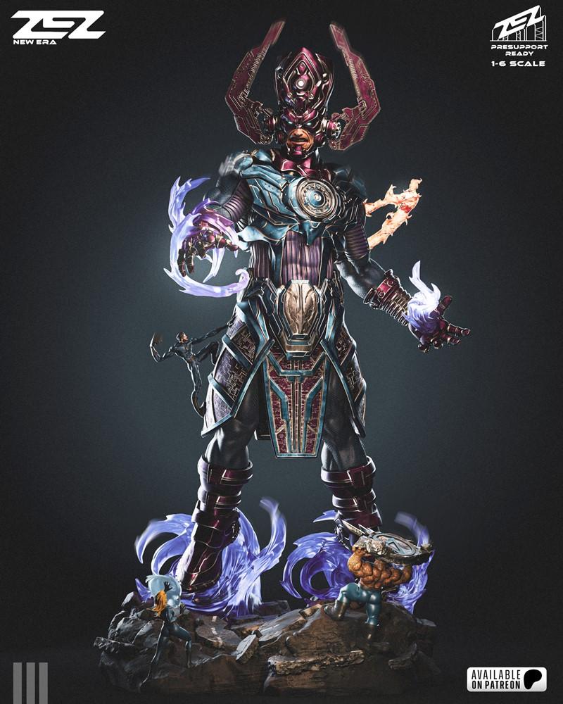 ZEZ Studio 1:6 scale Galactus 3D model figure on a rocky base with The Thing and another hero, surrounded by purple e...
