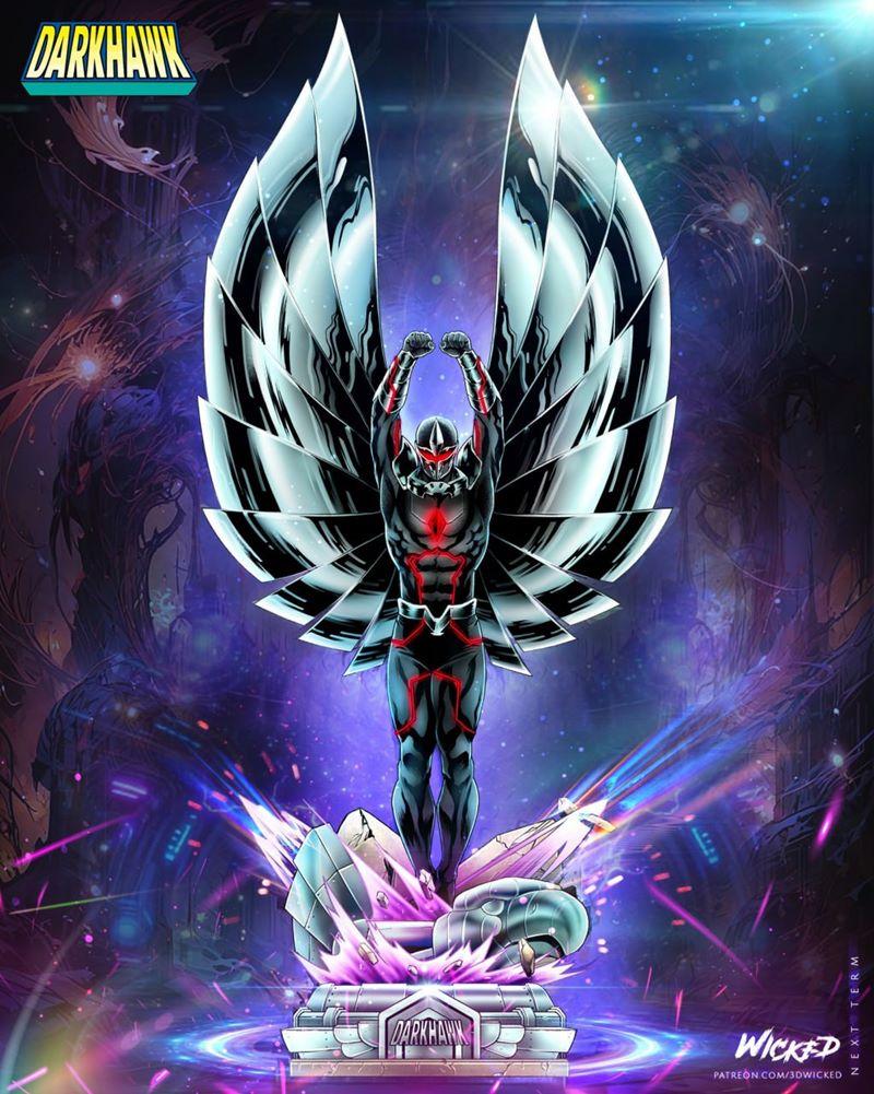 Darkhawk superhero sculpture with metallic wings, red and black armor, standing on a glowing purple energy base. Stud...