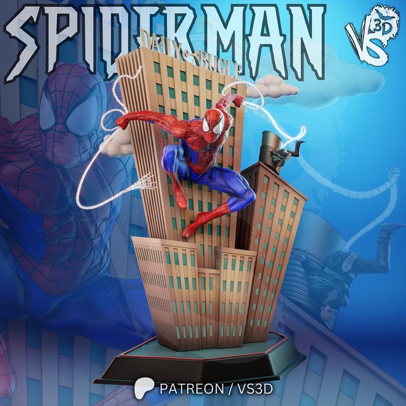 VS3D TAS Spider-Man 3D model figure in dynamic web-slinging pose atop city buildings, with webs and clouds.