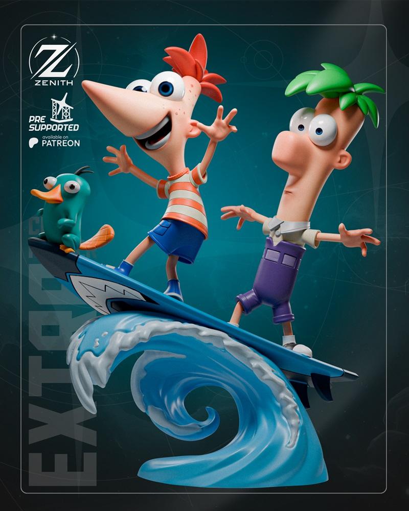 3D model of Phineas and Ferb surfing on a blue wave with Perry the Platypus, designed by Zenith Studios.