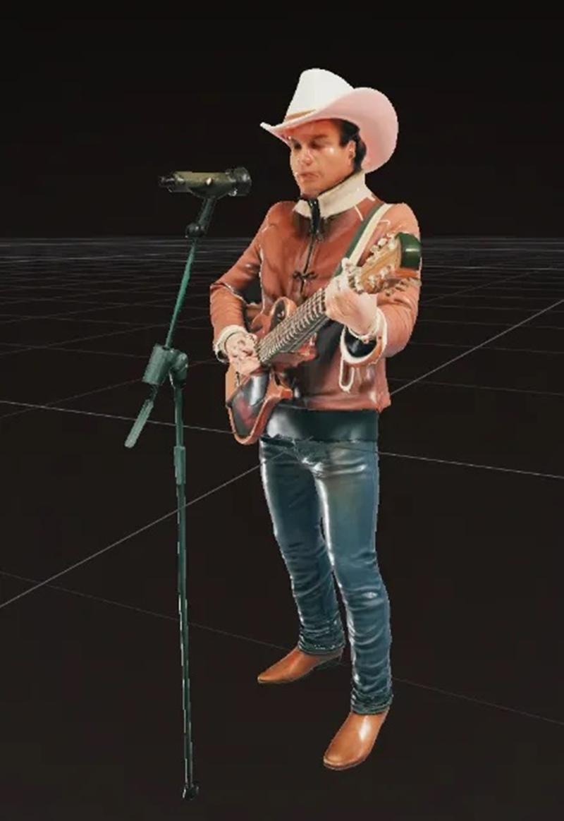 3D model of Zubeen Garg playing a guitar near a microphone, wearing a cowboy hat, leather jacket, and jeans.