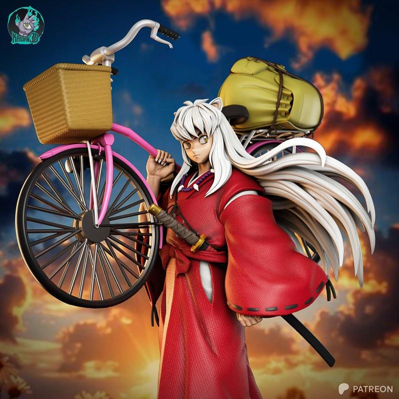 Inuyasha anime character figure standing next to a pink bicycle with a basket and a yellow bag, holding a sword, wear...
