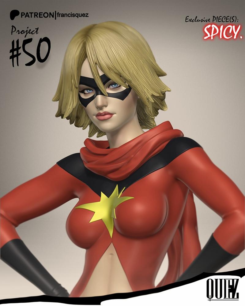 Ms. Marvel in a red and black costume with a golden star emblem, black eye mask, and blonde hair, posed heroically. 3...