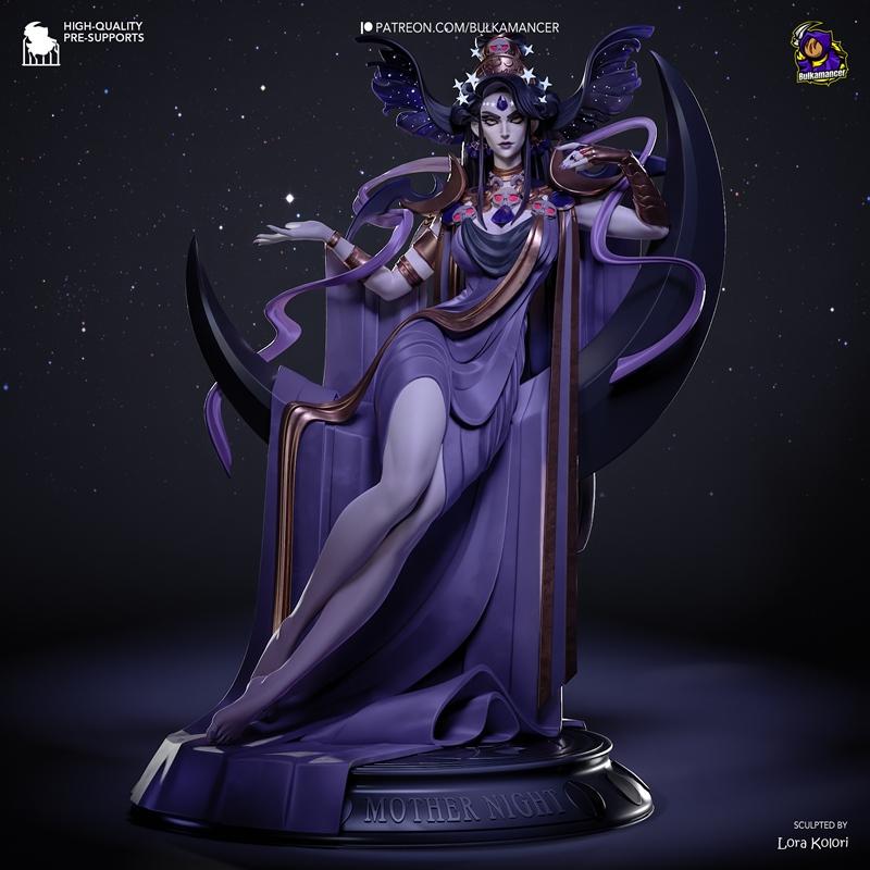 Nyx, goddess of night from Hades, seated regally on a crescent moon throne. She wears flowing purple robes with gold...
