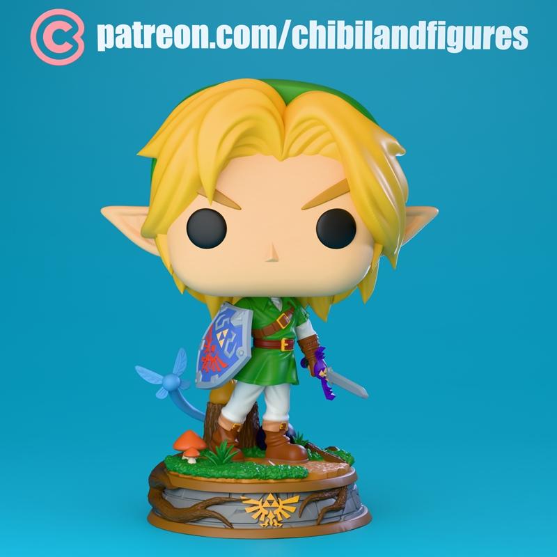 Chibi Link figure from The Legend of Zelda, holding sword and shield, standing on a detailed base with a fairy and mu...
