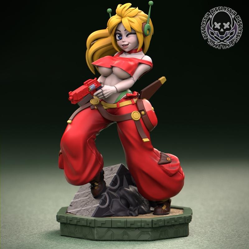 3D model of Robot Curly Brace, a blonde female character in a red outfit holding a pistol, winking.