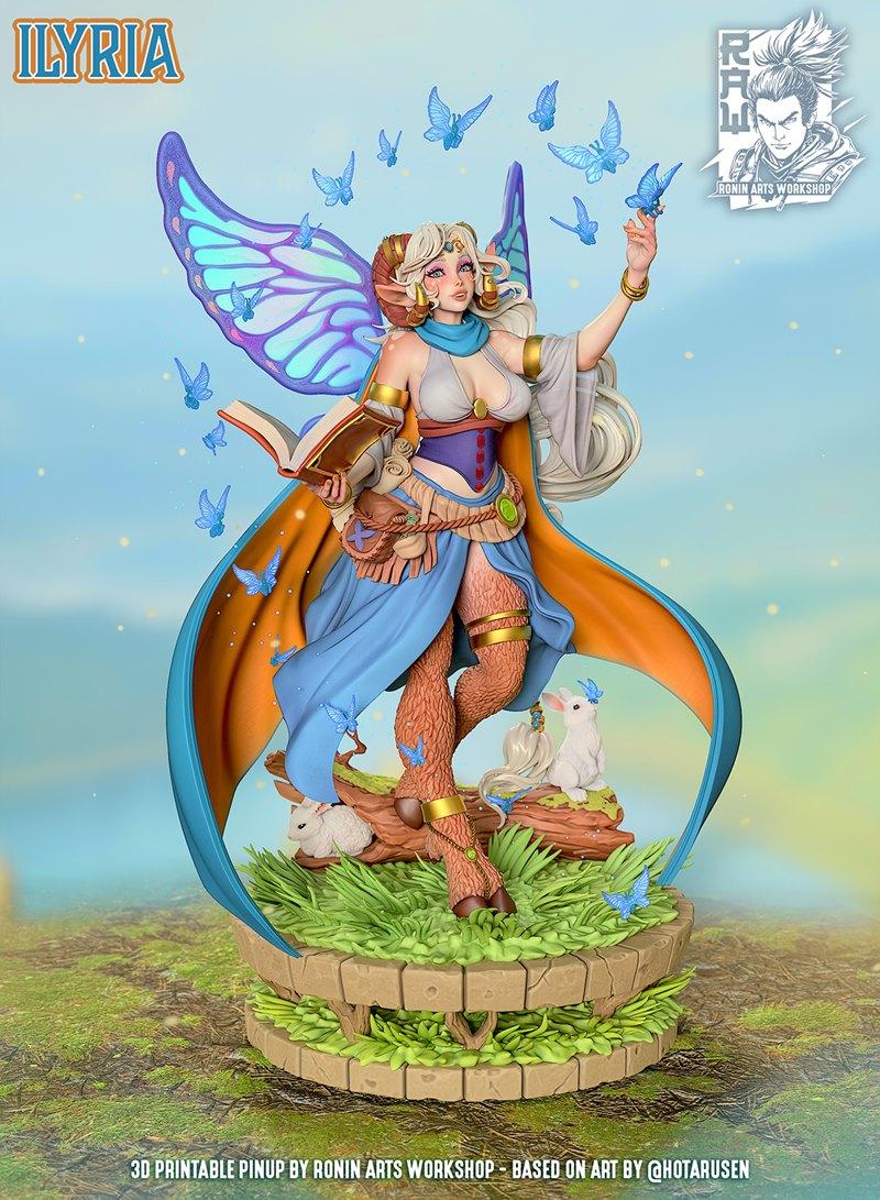 Ilyria 3D printable pinup figure with butterfly wings and faun legs, holding a book, surrounded by butterflies and ra...