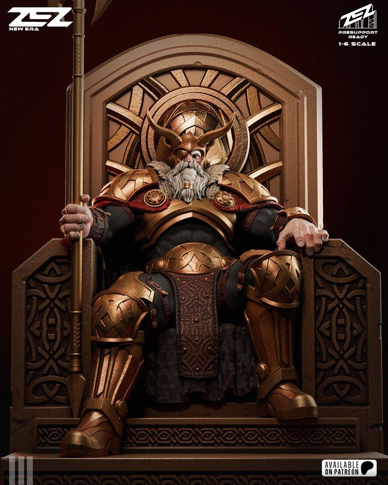 Odin seated on a throne, wearing golden armor, horned helmet, and holding a spear. 1:6 scale 3D model by ZEZ Studio.