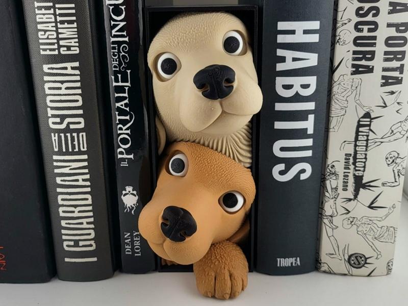 Two cute dog faces with large eyes and black noses peek out from between books on a shelf. One dog is light tan, the...