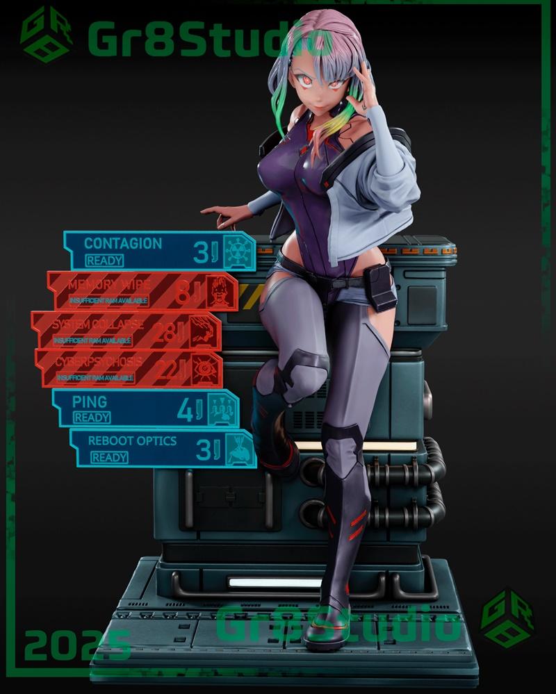 3D model figure of Lucy from Edgerunners, leaning forward with one hand on her hip and the other touching her hair. S...