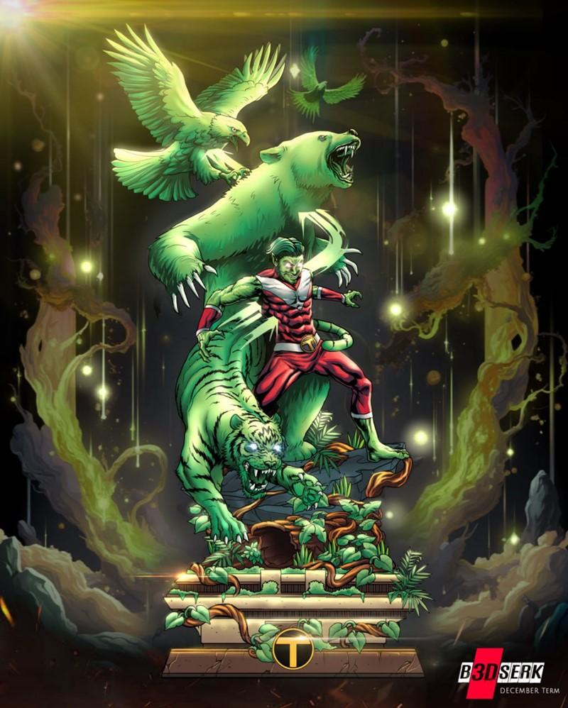 Beast Boy from Teen Titans in a dynamic pose, surrounded by green tiger, bear, and eagle forms. Intricate jungle base...