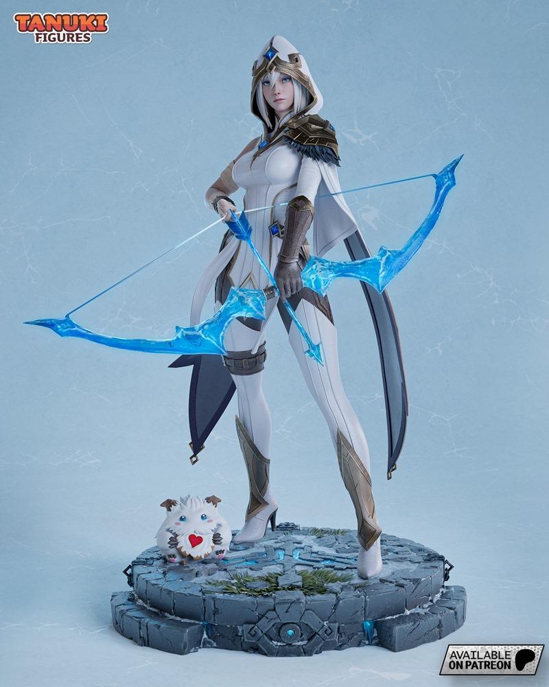 Ashe from League of Legends figure with bow and Poro companion, standing on a stone base. White and blue outfit, hood...