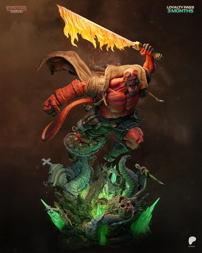 Hellboy figure in a dynamic leaping pose, wielding a flaming sword, standing on a base with monsters and glowing crys...
