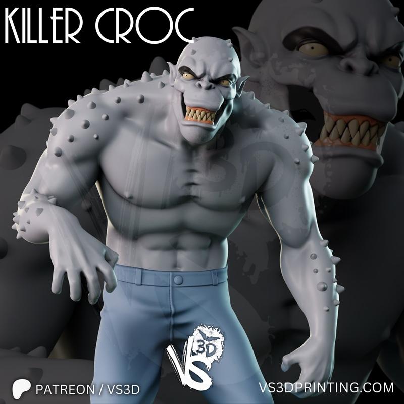 VS3D 3D printable figure of Killer Croc, a muscular reptilian monster with sharp teeth and spikes, wearing blue pants.