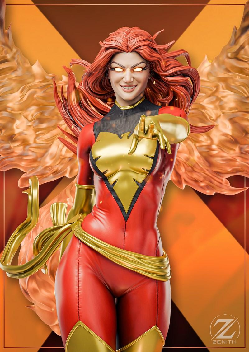 Jean Grey Phoenix figure by Zenith Studios, pointing forward with glowing eyes, wearing a red and gold costume with f...