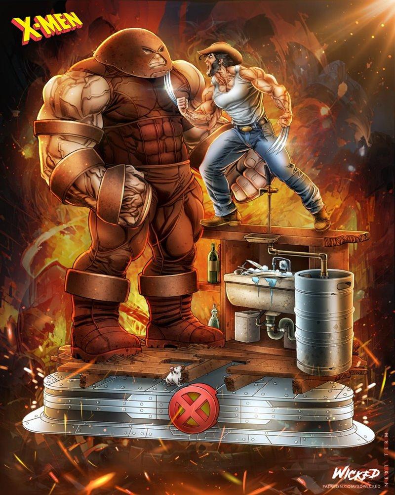 Wolverine in a white tank top, blue jeans, and cowboy hat lunges with claws extended towards Juggernaut in his brown...