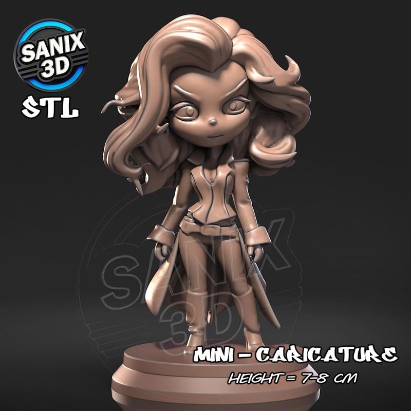 Chibi style 3D model of Selene by Sanix 3D, standing 7-8 cm tall, wearing a jacket, trousers, and flowing coat.