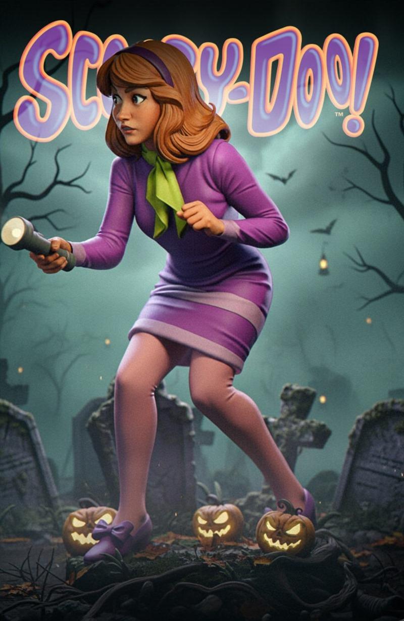 3D model of Daphne from Scooby-Doo holding a flashlight in a spooky cemetery with jack-o'-lanterns.