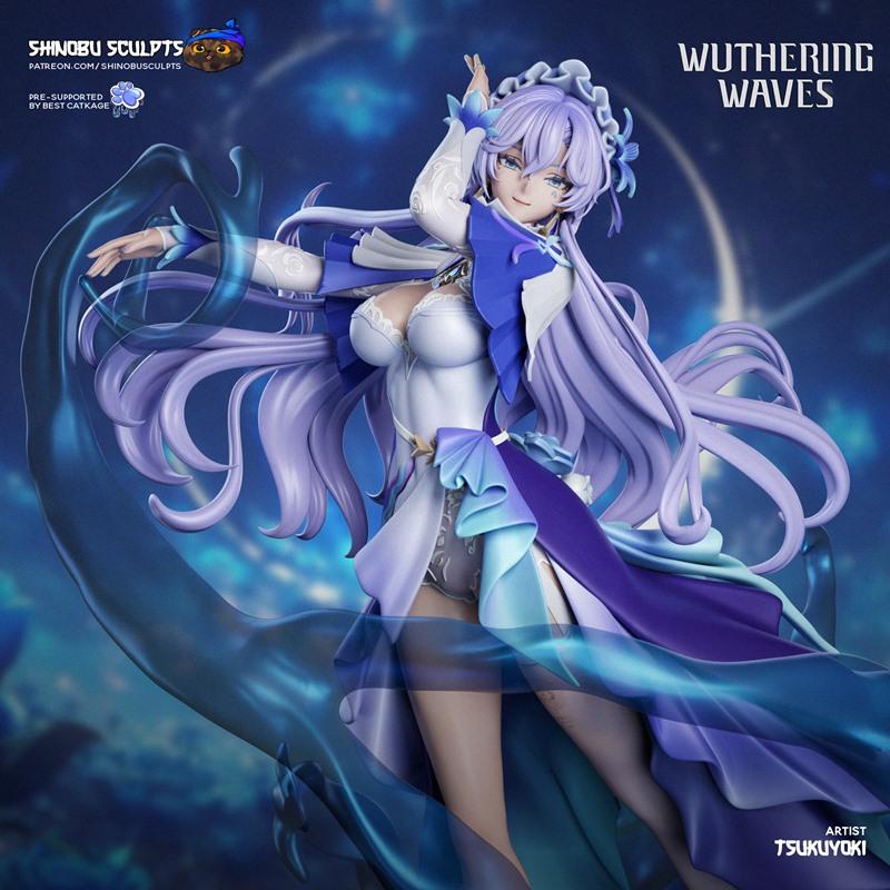 Cantarella figure from Wuthering Waves by Shinobu Sculpt, wearing a white and blue dress with flowing purple hair and...