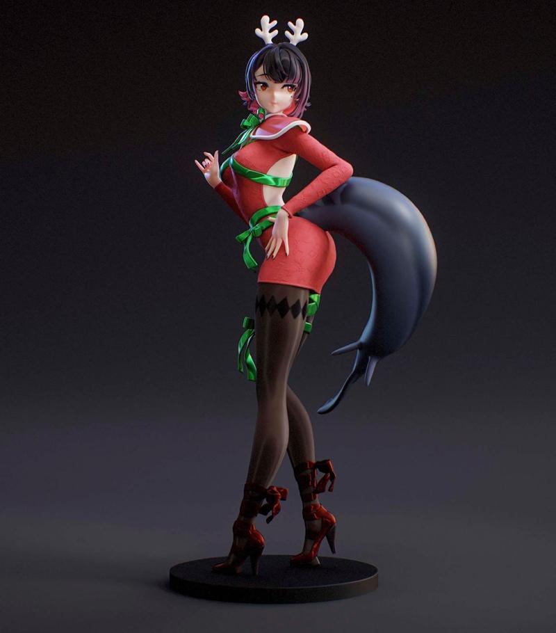 3D model of Christmas Ellen Joe, an anime character in a red holiday dress with green ribbons, reindeer antlers, and...