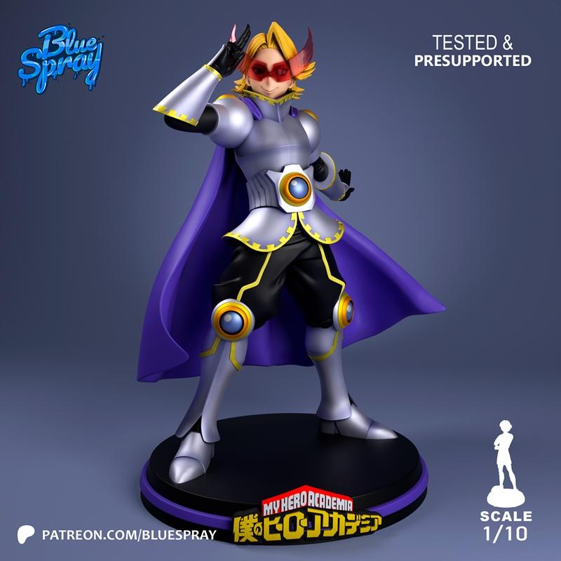 1:10 scale 3D print model of Yuga Aoyama from My Hero Academia, wearing silver armor, a purple cape, and a mask, in a...