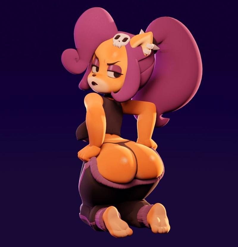 Goth Coco Bandicoot 3D model, kneeling with back turned, wearing revealing goth attire, large purple pigtails with sk...