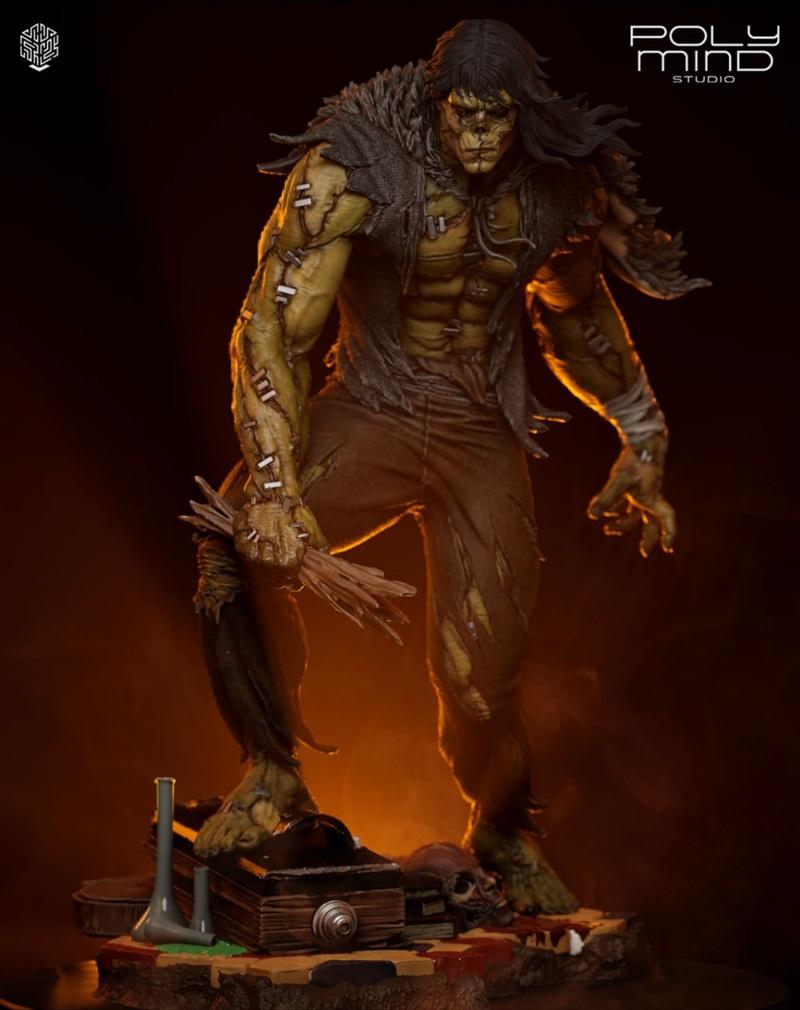 Frankenstein's Monster figure by PolyMind Studio, standing on a base with laboratory props and a skull, detailed stit...