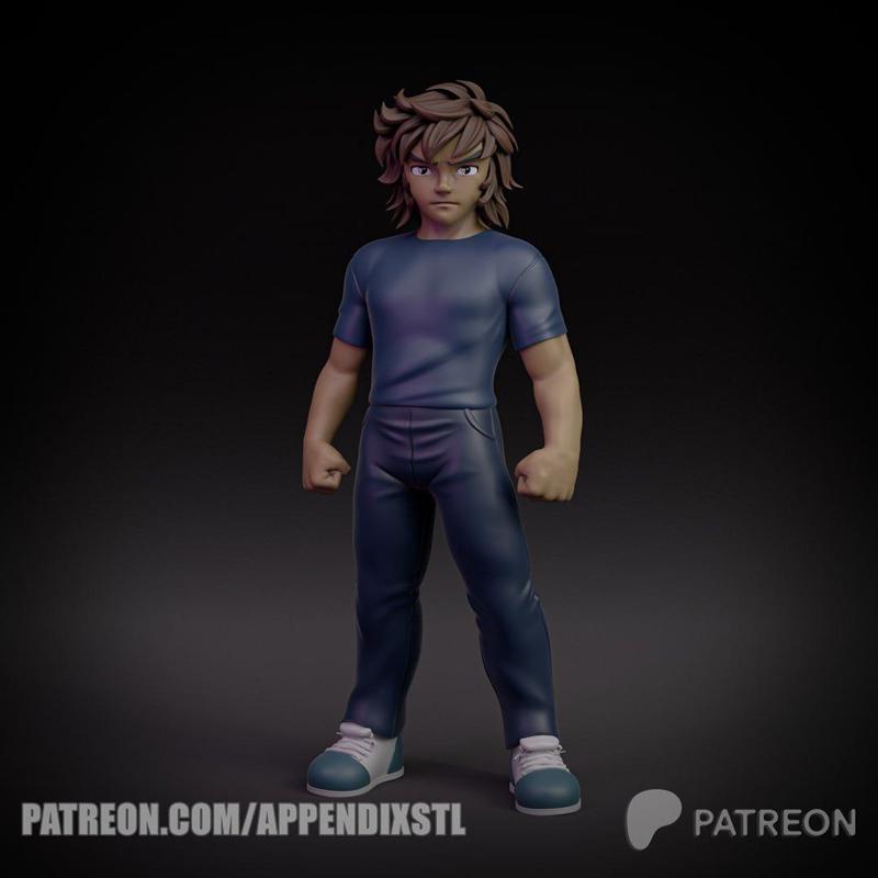 3D model of Kid Ban from Seven Deadly Sins, standing with fists clenched. He wears a blue t-shirt and dark pants, wit...