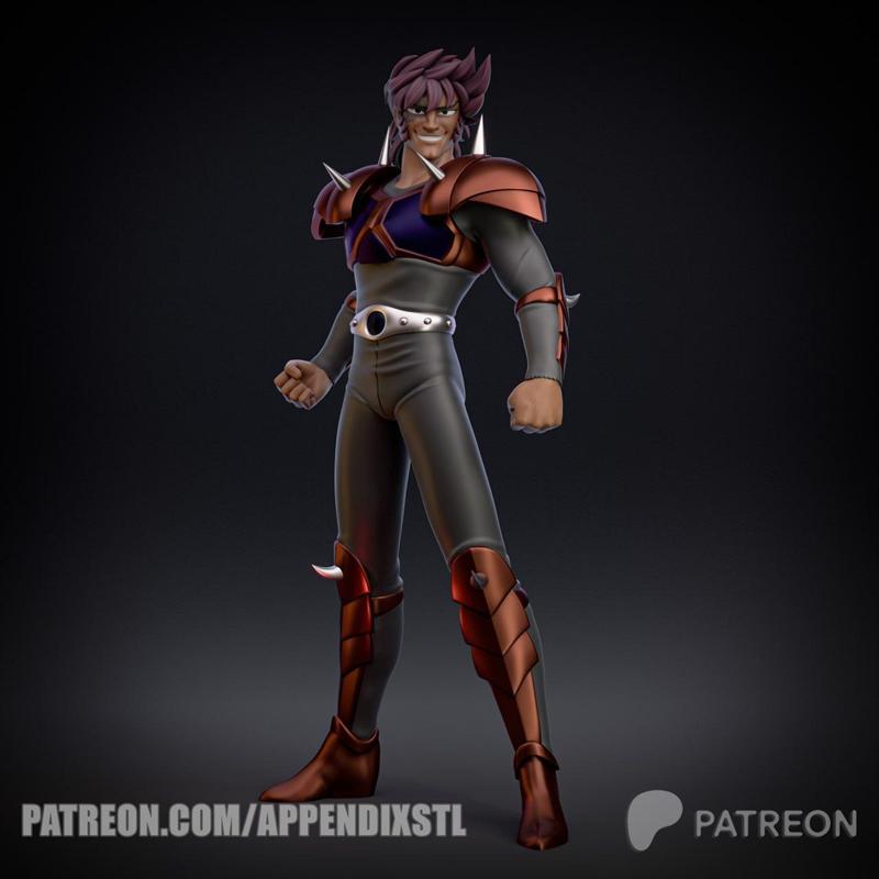3D model of Jango from Saint Seiya, wearing a grey bodysuit with bronze spiked armor and a silver belt, posed dynamic...