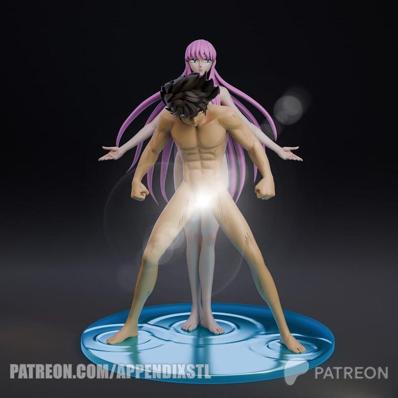 3D model of Seiya and Saori from Saint Seiya, semi-nude, standing on a water-effect base. Seiya is in a powerful stan...