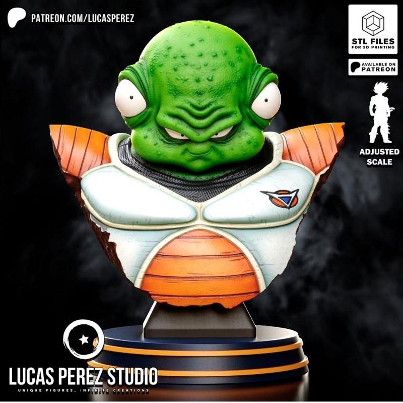 Dodoria bust from Dragon Ball, green alien with large eyes wearing white and orange armor, sculpted by Lucas Perez St...
