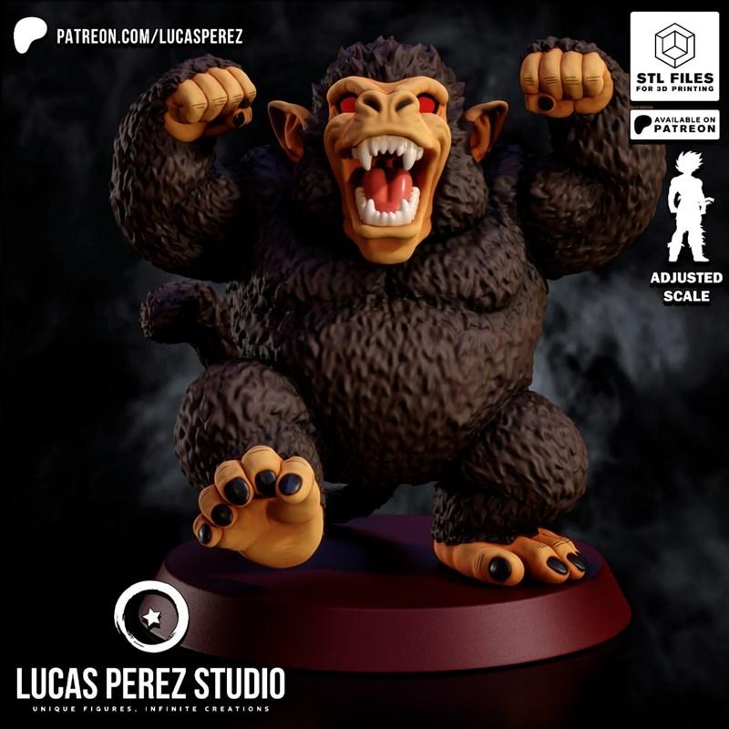 Lucas Perez Studio 3D model of Goku in his Ozaru (Great Ape) form, roaring with red eyes and bared teeth, standing on...