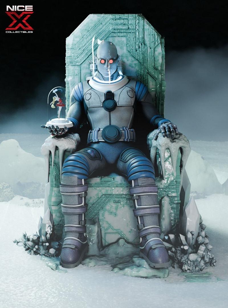 Mr Freeze figure in a cryo-suit sitting on an ice throne, holding a snow globe with a ballerina.