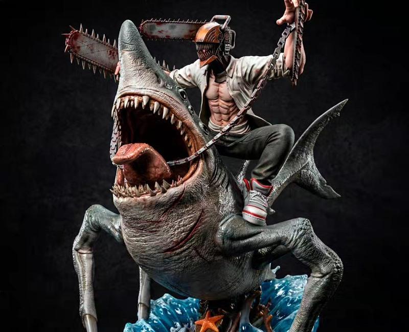 Denji riding Beam the shark fiend, both from Chainsaw Man. Denji has chainsaws on his head and arms, Beam has a gapin...