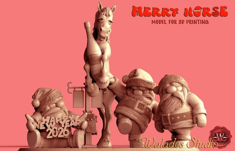 3D printable model of a horse holding a bottle, surrounded by two Santa Claus figures. One Santa sits with a 'Happy N...
