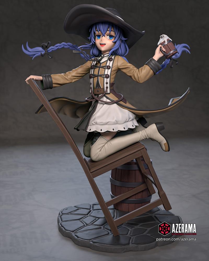 Roxy Migurdia from Mushoku Tensei 3D model, wearing a witch hat and brown coat, holding a beer mug, perched on a chai...