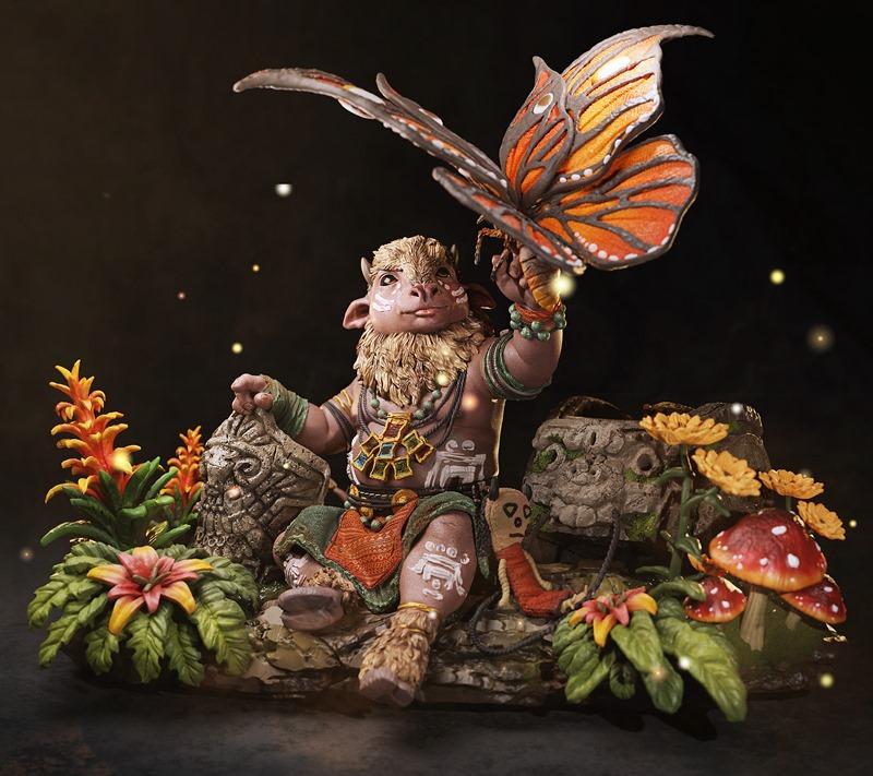 Fantasy creature with bovine head and furred limbs holding a butterfly, surrounded by plants and mushrooms. Detailed...