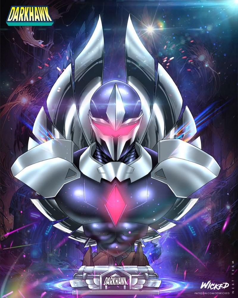 Darkhawk comic portrait bust by Wicked, featuring a character in purple and silver armor with a glowing pink visor an...