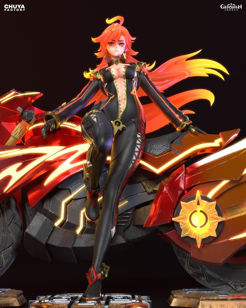 Mavuika from Genshin Impact, a female character with fiery orange hair, wearing a black bodysuit, poses on a red and...