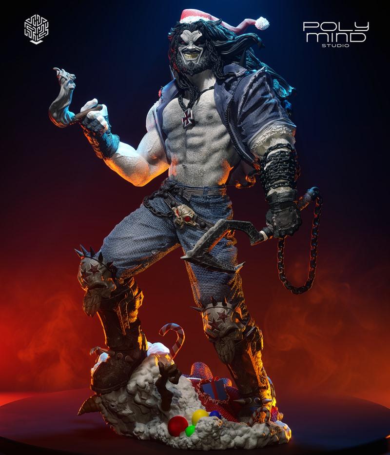 Lobo figure wearing a Santa hat, holding a chain weapon, with a muscular physique and a skull belt buckle, standing o...